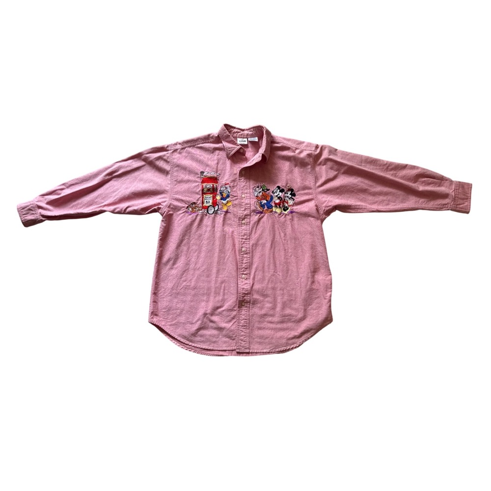Vintage Disney Store Mickey Mouse Friends Embroidered Pink Button Down M